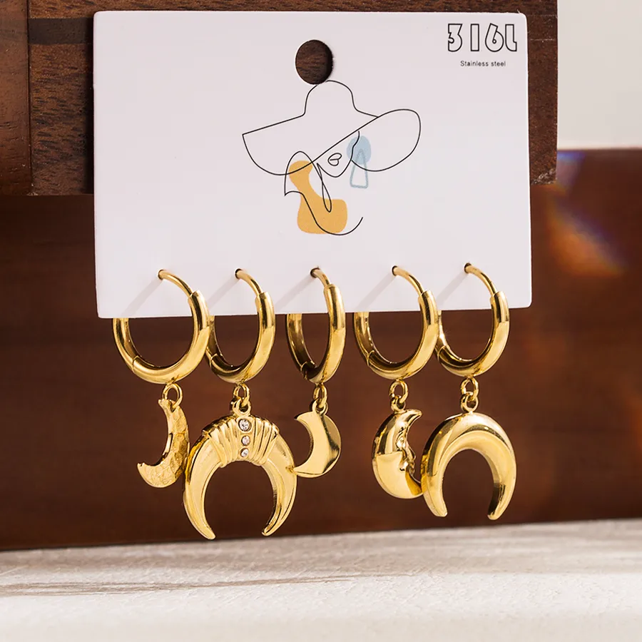 1 Set Formal Simple Style Artistic Sun Star Moon Scallop Star Stainless Steel Zircon 14k Gold Plated Drop Earrings display picture 8