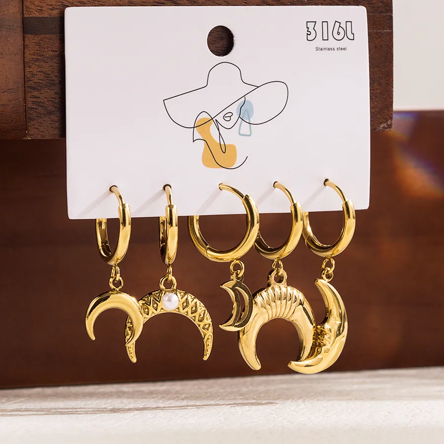 1 Set Formal Simple Style Artistic Sun Star Moon Scallop Star Stainless Steel Zircon 14k Gold Plated Drop Earrings display picture 9