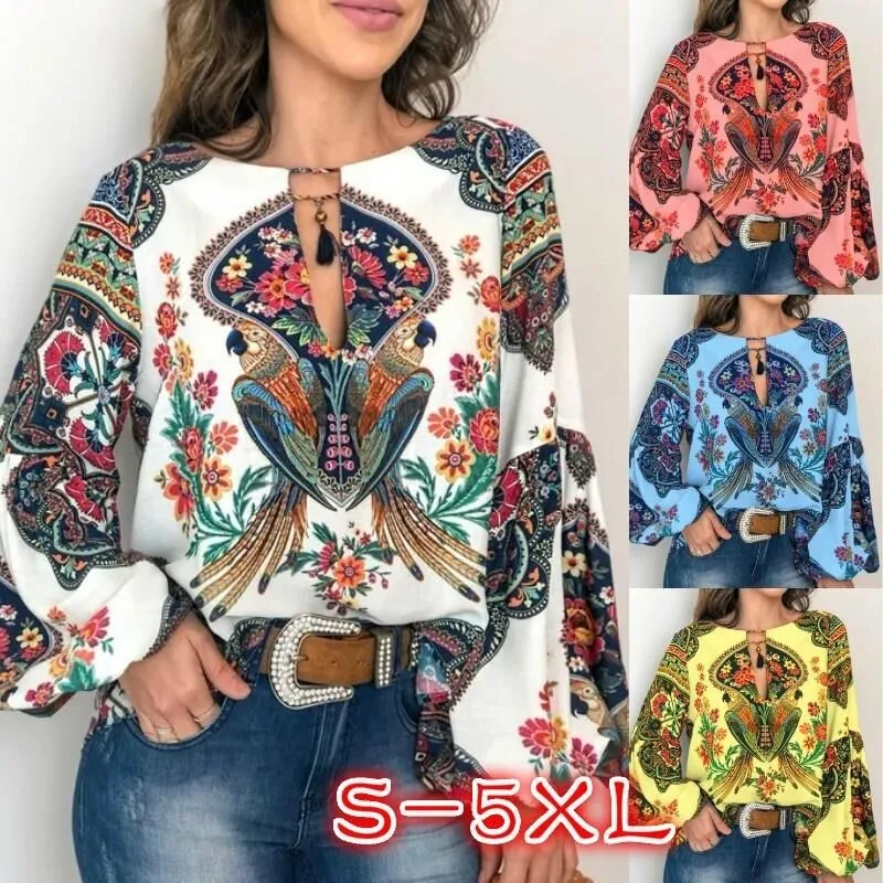 Spring And Summer New Women's Personalized Women's Digital Printing Round Neck Lantern Sleeve Shirt 5006 A Large Number Of Spot display picture 2