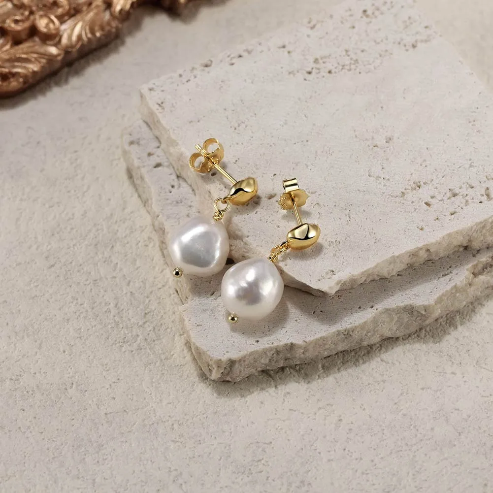 1 Pair Vintage Style Baroque Style Geometric Color Block Irregular Polishing Plating Baroque Pearls Freshwater Pearl 14k Gold Plated Silver Plated Drop Earrings display picture 2