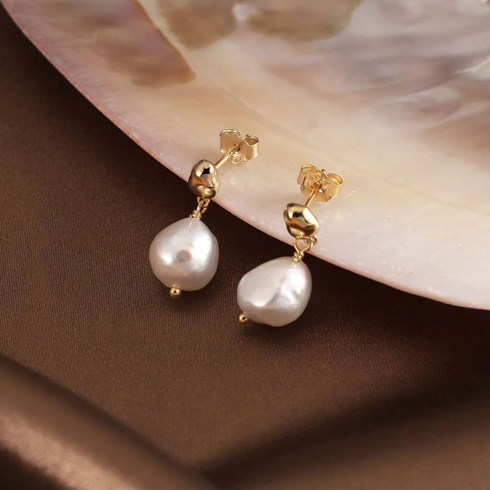 1 Pair Vintage Style Baroque Style Geometric Color Block Irregular Polishing Plating Baroque Pearls Freshwater Pearl 14k Gold Plated Silver Plated Drop Earrings display picture 3