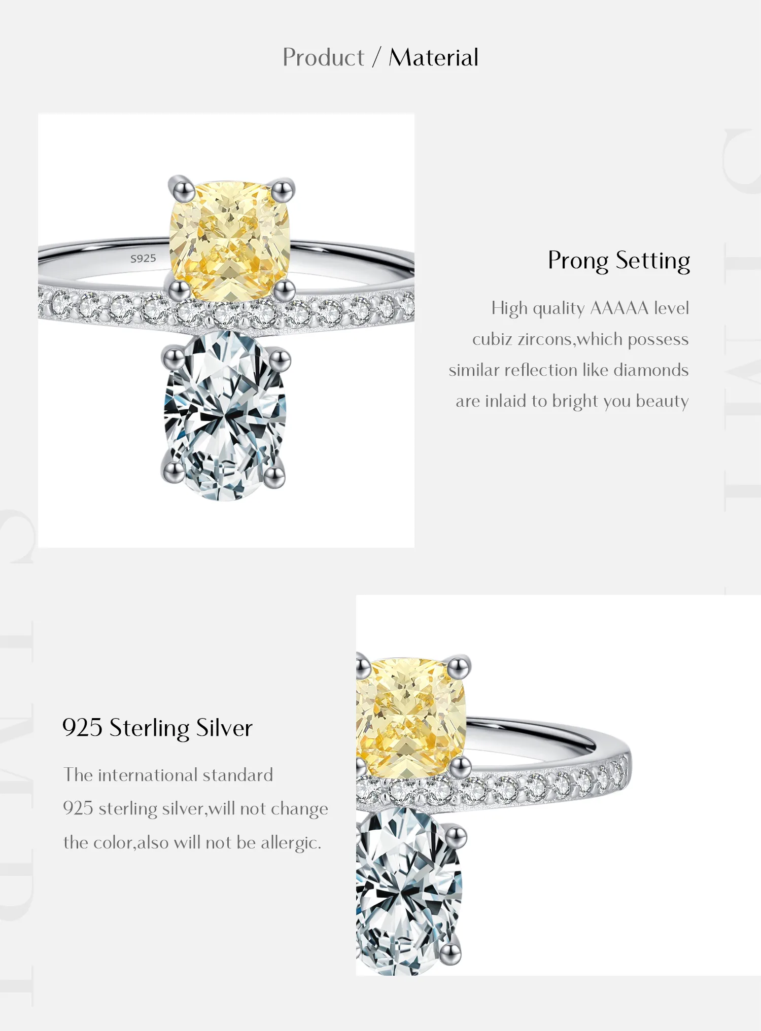 925 Sterling Silver Zircon Round Square Rings display picture 3