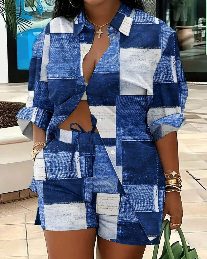 Elegant Commuter Long Sleeve Printed Shorts Two-Piece Set Women's Fashion Casual Set Polyester Fabric Other Features display picture 21