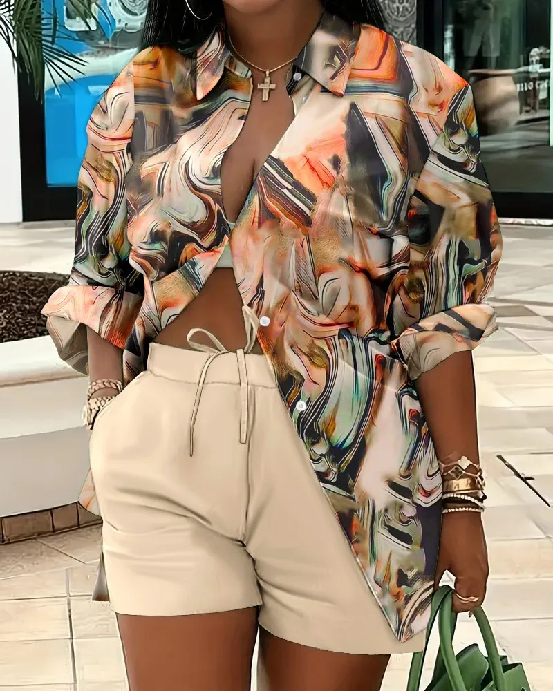 Elegant Commuter Long Sleeve Printed Shorts Two-Piece Set Women's Fashion Casual Set Polyester Fabric Other Features display picture 15