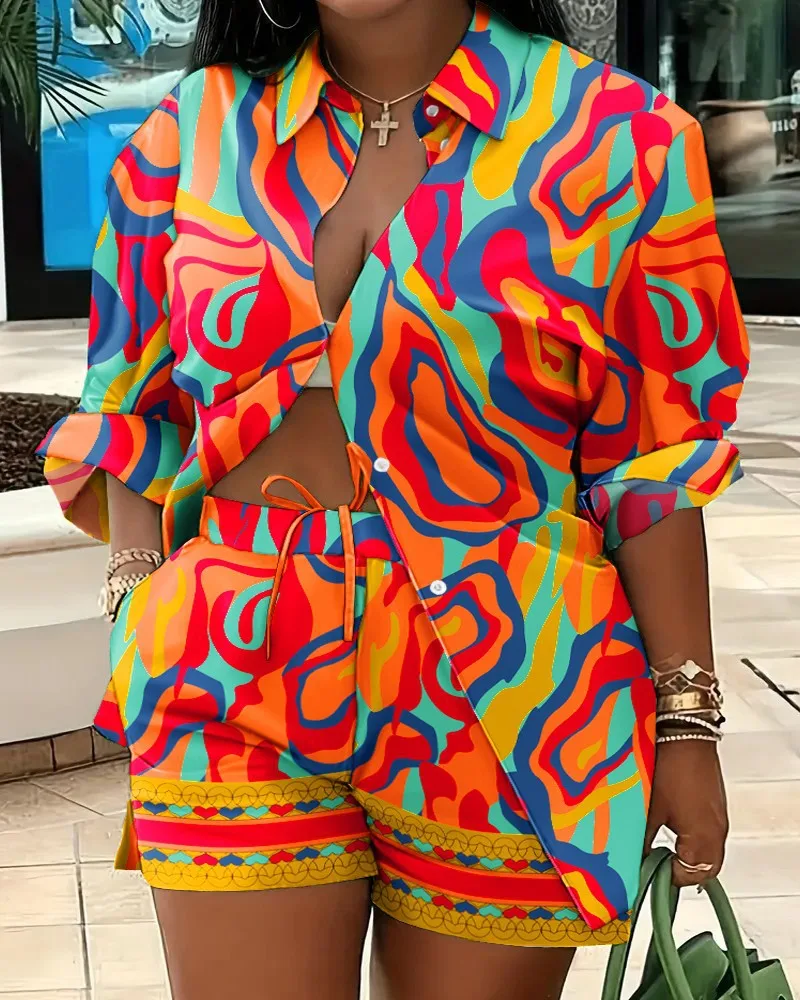 Elegant Commuter Long Sleeve Printed Shorts Two-Piece Set Women's Fashion Casual Set Polyester Fabric Other Features display picture 2