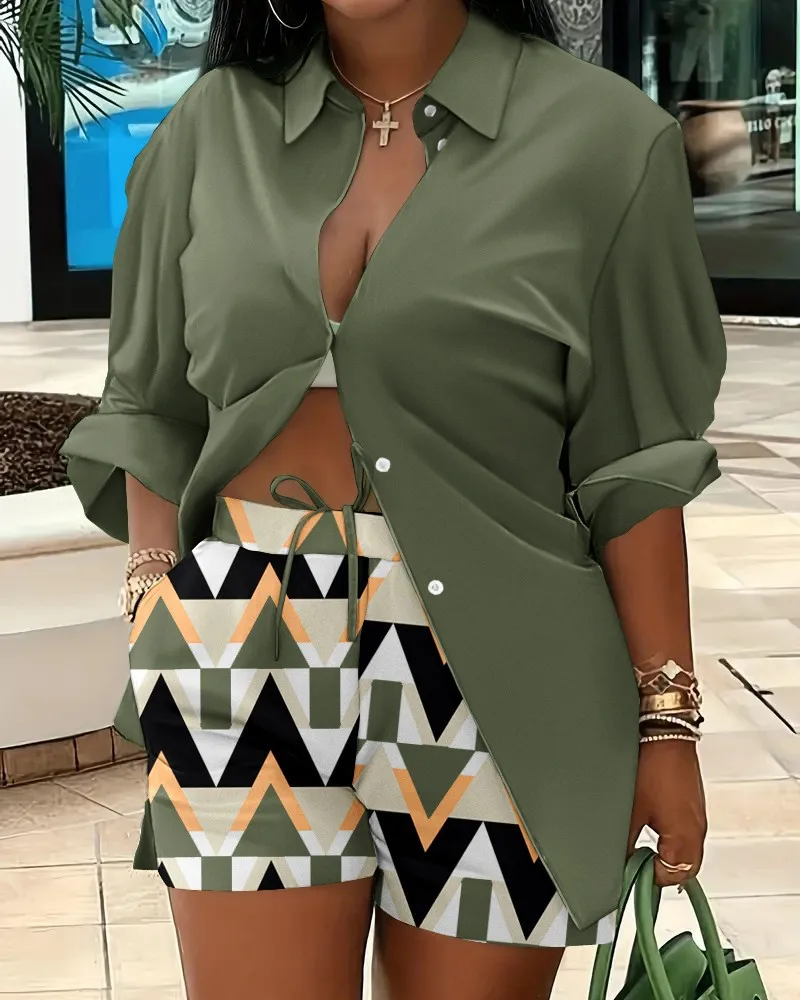 Elegant Commuter Long Sleeve Printed Shorts Two-Piece Set Women's Fashion Casual Set Polyester Fabric Other Features display picture 5