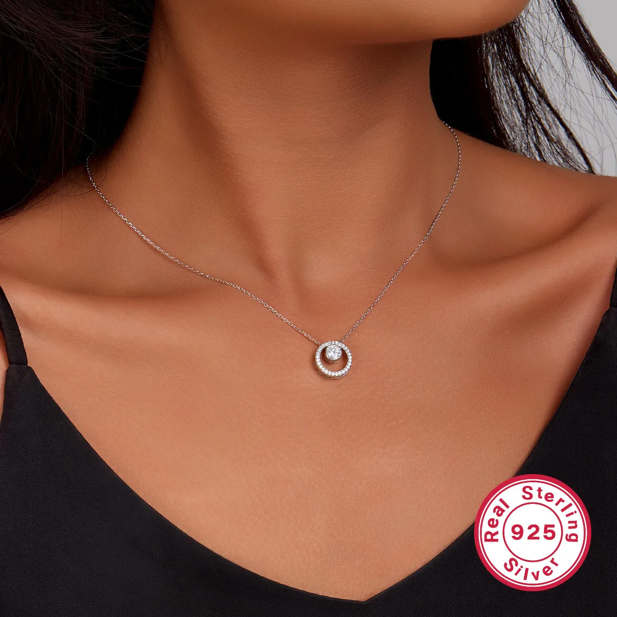 925 Sterling Silver Long-Lasting Plated Zircon Plating Inlay Round Pendant Necklace display picture 5