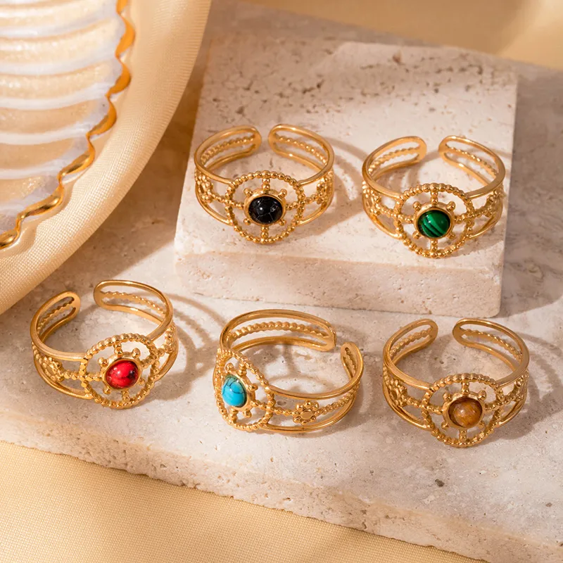 Wholesale Jewelry Vintage Style French Style Korean Style Round Sun Flower 304 Stainless Steel Turquoise Inlay Open Rings display picture 1
