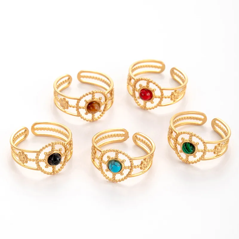 Wholesale Jewelry Vintage Style French Style Korean Style Round Sun Flower 304 Stainless Steel Turquoise Inlay Open Rings display picture 3