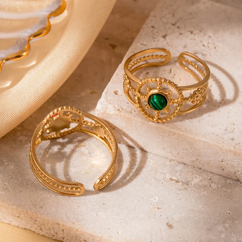 Wholesale Jewelry Vintage Style French Style Korean Style Round Sun Flower 304 Stainless Steel Turquoise Inlay Open Rings display picture 4