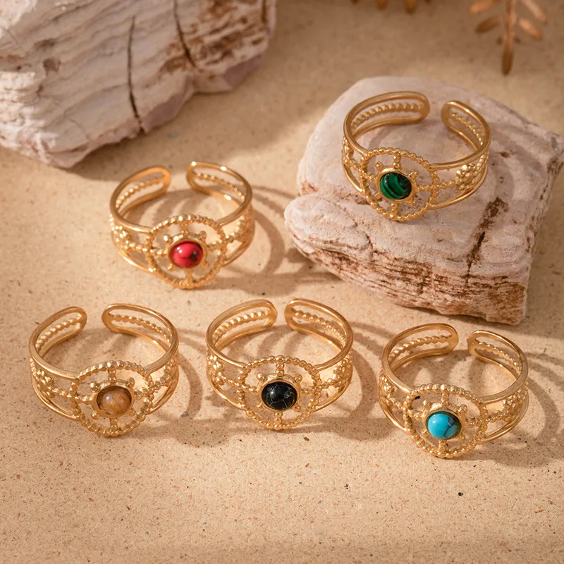 Wholesale Jewelry Vintage Style French Style Korean Style Round Sun Flower 304 Stainless Steel Turquoise Inlay Open Rings display picture 9