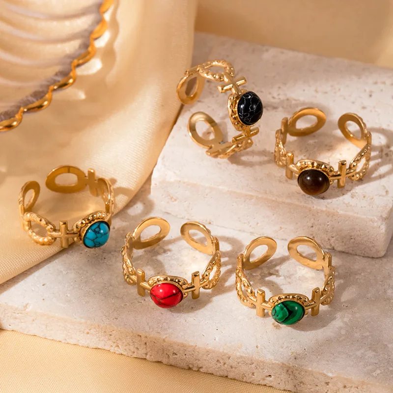 Wholesale Jewelry Vintage Style French Style Simple Style Cross Oval 304 Stainless Steel Turquoise Inlay Open Rings display picture 1