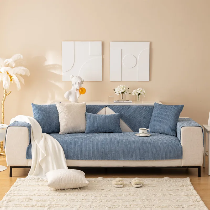 Winter New Plush Sofa Cushion Modern Simple Non-slip Solid Color Corduroy Striped Sofa Cushion Towel Wholesale display picture 1