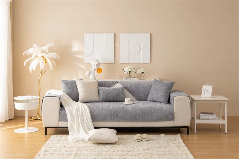 Winter New Plush Sofa Cushion Modern Simple Non-slip Solid Color Corduroy Striped Sofa Cushion Towel Wholesale display picture 2