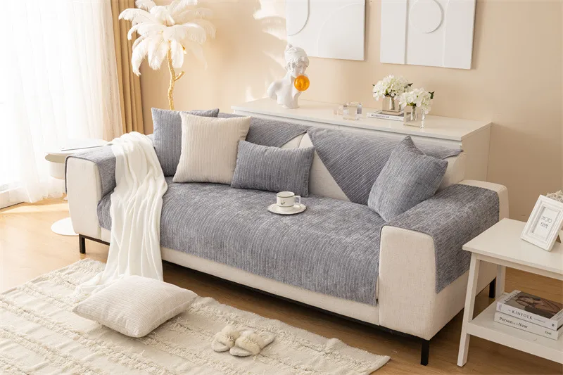 Winter New Plush Sofa Cushion Modern Simple Non-slip Solid Color Corduroy Striped Sofa Cushion Towel Wholesale display picture 3