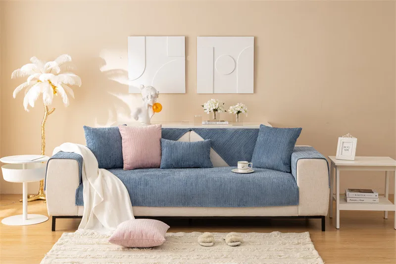 Winter New Plush Sofa Cushion Modern Simple Non-slip Solid Color Corduroy Striped Sofa Cushion Towel Wholesale display picture 11