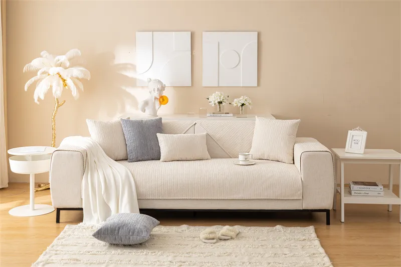 Winter New Plush Sofa Cushion Modern Simple Non-slip Solid Color Corduroy Striped Sofa Cushion Towel Wholesale display picture 14