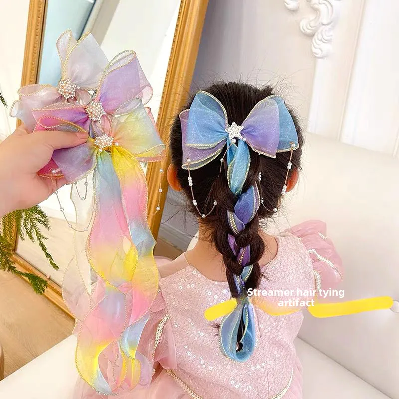 Super Fairy Pearl Bow Headwear Children's Hair Ribbon Tassel Ribbon Hairpin Hairband Women's Hair Tie Summer Hairpin display picture 1