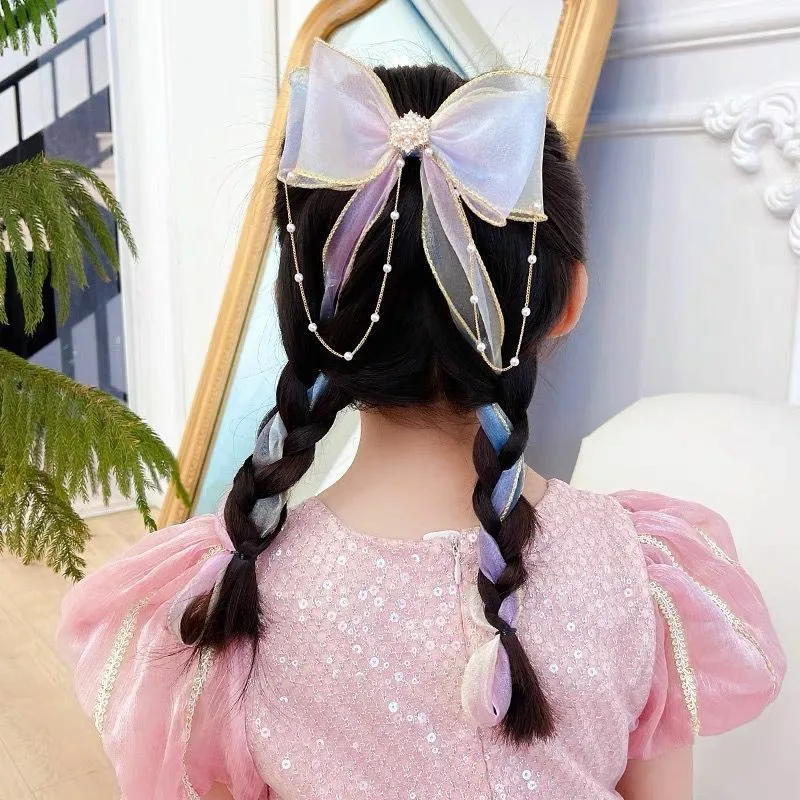 Super Fairy Pearl Bow Headwear Children's Hair Ribbon Tassel Ribbon Hairpin Hairband Women's Hair Tie Summer Hairpin display picture 2