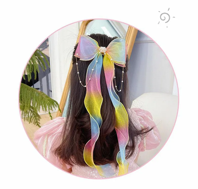 Super Fairy Pearl Bow Headwear Children's Hair Ribbon Tassel Ribbon Hairpin Hairband Women's Hair Tie Summer Hairpin display picture 3