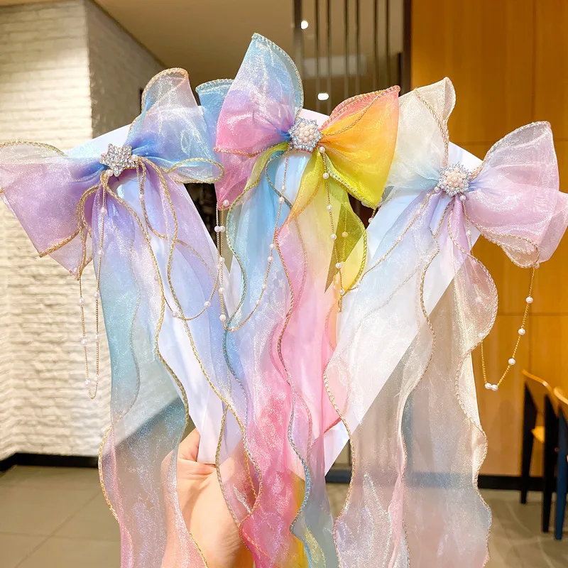Super Fairy Pearl Bow Headwear Children's Hair Ribbon Tassel Ribbon Hairpin Hairband Women's Hair Tie Summer Hairpin display picture 4