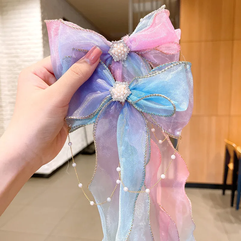 Super Fairy Pearl Bow Headwear Children's Hair Ribbon Tassel Ribbon Hairpin Hairband Women's Hair Tie Summer Hairpin display picture 5