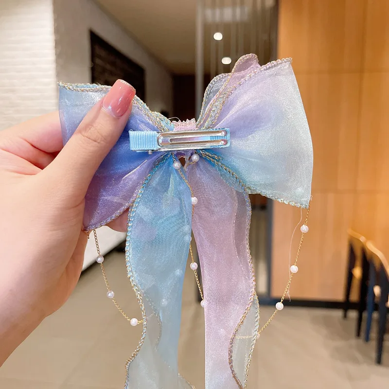 Super Fairy Pearl Bow Headwear Children's Hair Ribbon Tassel Ribbon Hairpin Hairband Women's Hair Tie Summer Hairpin display picture 6