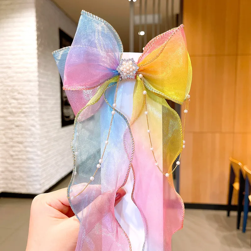 Super Fairy Pearl Bow Headwear Children's Hair Ribbon Tassel Ribbon Hairpin Hairband Women's Hair Tie Summer Hairpin display picture 7