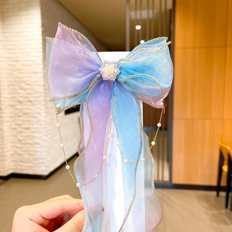 Super Fairy Pearl Bow Headwear Children's Hair Ribbon Tassel Ribbon Hairpin Hairband Women's Hair Tie Summer Hairpin display picture 8