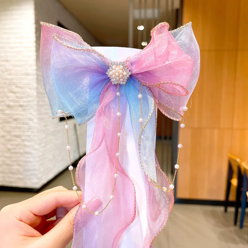 Super Fairy Pearl Bow Headwear Children's Hair Ribbon Tassel Ribbon Hairpin Hairband Women's Hair Tie Summer Hairpin display picture 9
