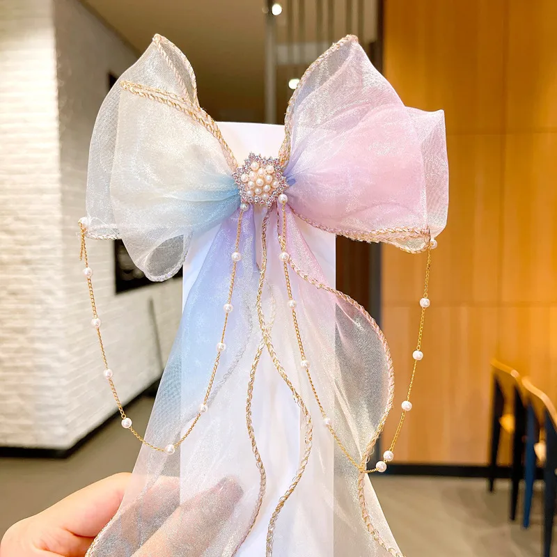 Super Fairy Pearl Bow Headwear Children's Hair Ribbon Tassel Ribbon Hairpin Hairband Women's Hair Tie Summer Hairpin display picture 10