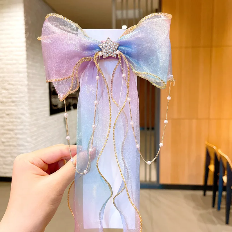 Super Fairy Pearl Bow Headwear Children's Hair Ribbon Tassel Ribbon Hairpin Hairband Women's Hair Tie Summer Hairpin display picture 11