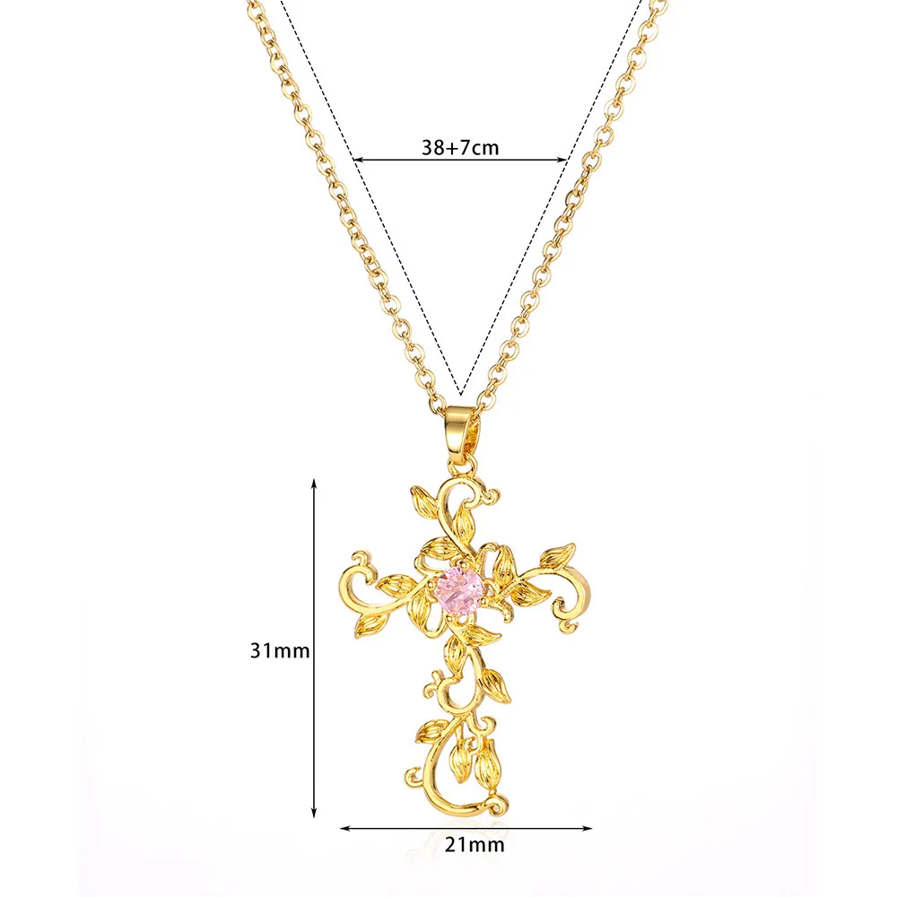 Original Fashion Design Temperament Copper Micro Inlaid Zircon Cross Petal Pendant Women's Necklace Ins Clavicle Chain 18K Real Gold Electroplating display picture 1