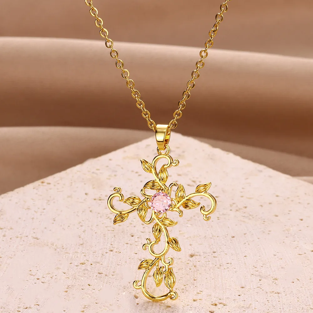 Original Fashion Design Temperament Copper Micro Inlaid Zircon Cross Petal Pendant Women's Necklace Ins Clavicle Chain 18K Real Gold Electroplating display picture 2