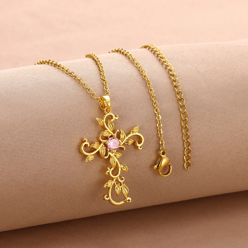 Original Fashion Design Temperament Copper Micro Inlaid Zircon Cross Petal Pendant Women's Necklace Ins Clavicle Chain 18K Real Gold Electroplating display picture 4