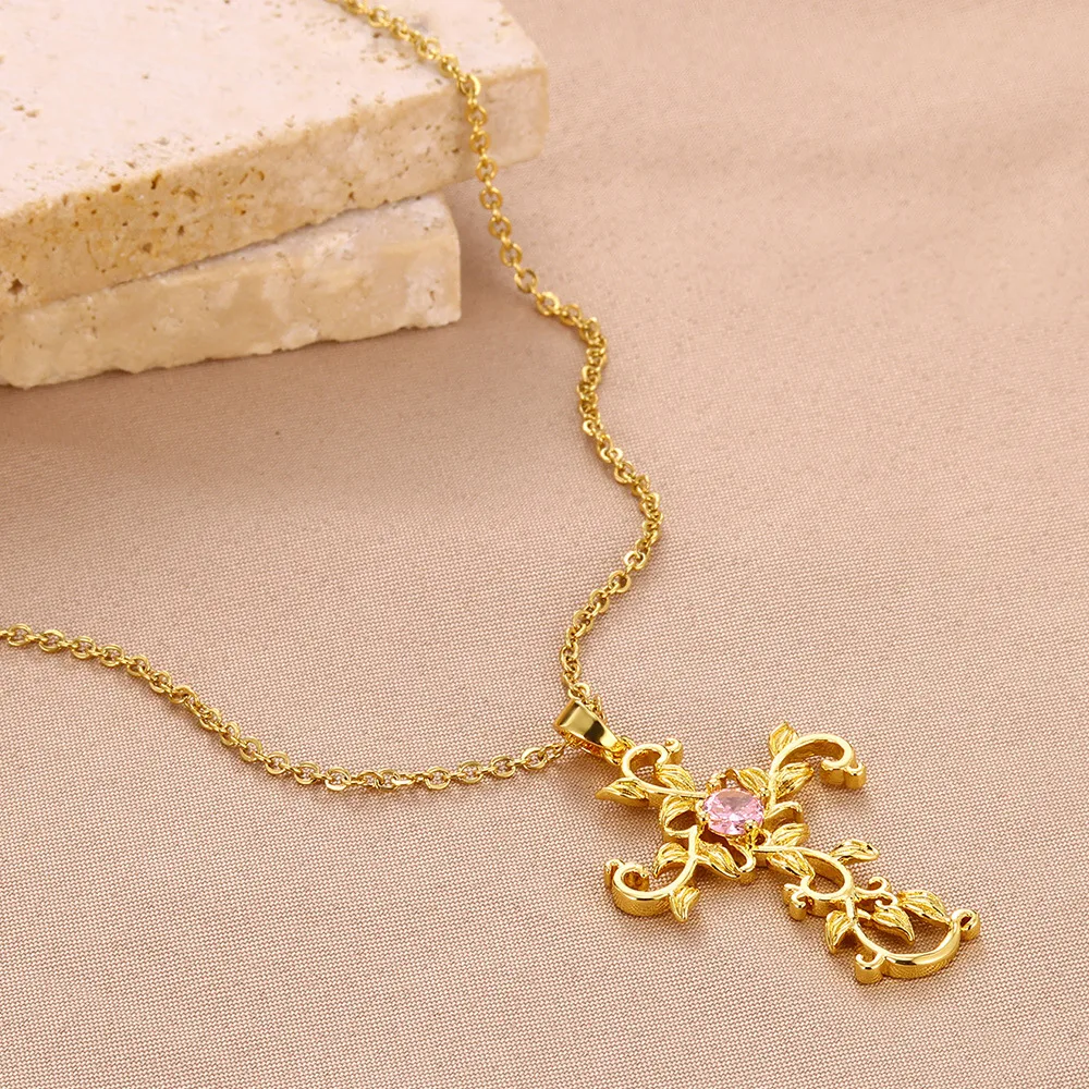 Original Fashion Design Temperament Copper Micro Inlaid Zircon Cross Petal Pendant Women's Necklace Ins Clavicle Chain 18K Real Gold Electroplating display picture 5