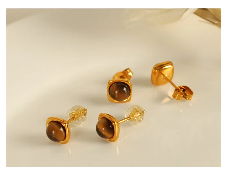 Wholesale Jewelry Vintage Style Simple Style Round 304 Stainless Steel Tiger Eye 18K Gold Plated Polishing Inlay Jewelry Set display picture 1