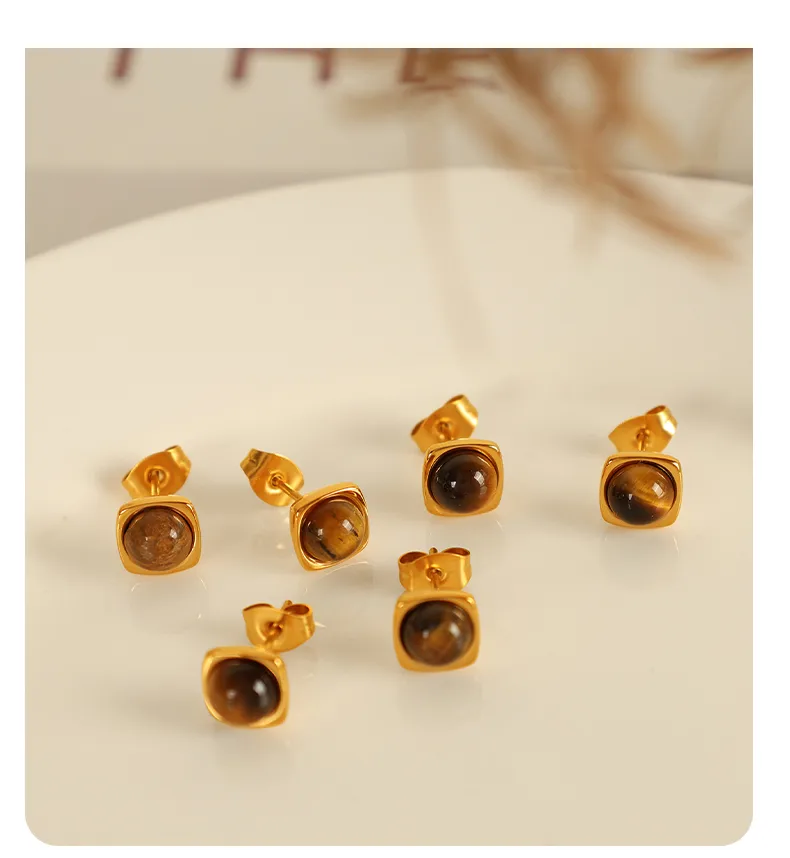 Wholesale Jewelry Vintage Style Simple Style Round 304 Stainless Steel Tiger Eye 18K Gold Plated Polishing Inlay Jewelry Set display picture 2