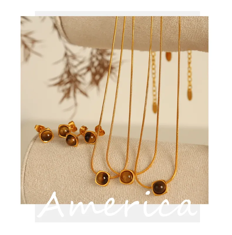 Wholesale Jewelry Vintage Style Simple Style Round 304 Stainless Steel Tiger Eye 18K Gold Plated Polishing Inlay Jewelry Set display picture 6