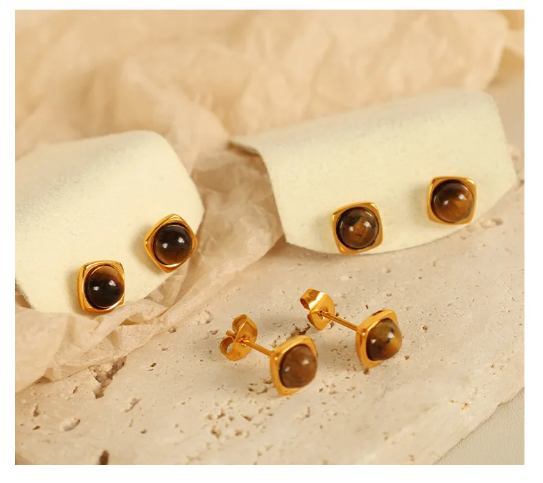 Wholesale Jewelry Vintage Style Simple Style Round 304 Stainless Steel Tiger Eye 18K Gold Plated Polishing Inlay Jewelry Set display picture 3