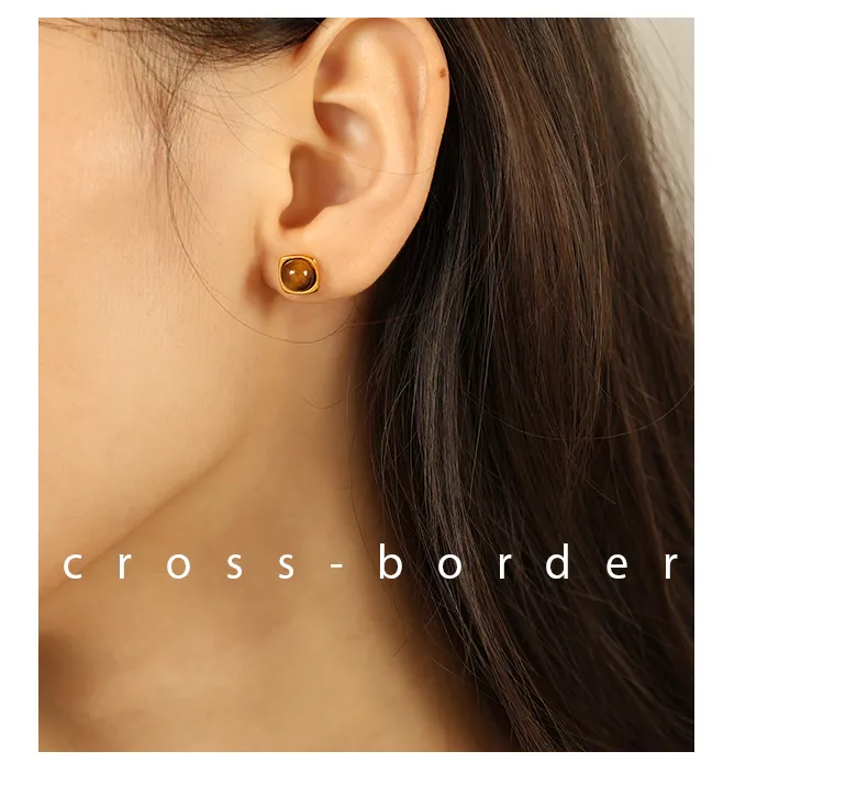 Wholesale Jewelry Vintage Style Simple Style Round 304 Stainless Steel Tiger Eye 18K Gold Plated Polishing Inlay Jewelry Set display picture 4