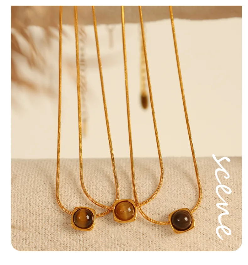 Wholesale Jewelry Vintage Style Simple Style Round 304 Stainless Steel Tiger Eye 18K Gold Plated Polishing Inlay Jewelry Set display picture 9