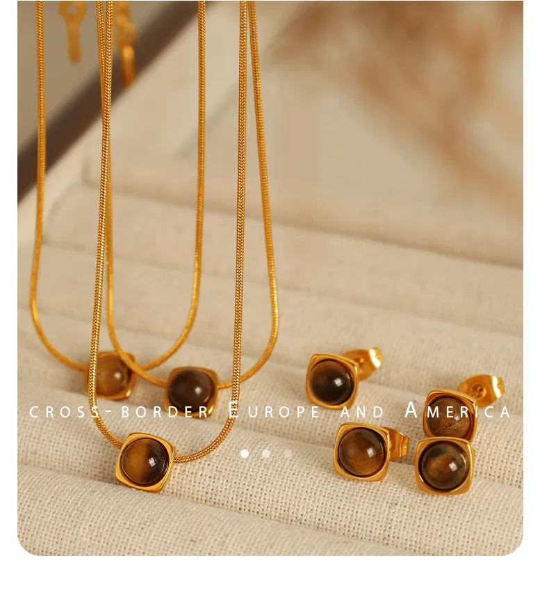 Wholesale Jewelry Vintage Style Simple Style Round 304 Stainless Steel Tiger Eye 18K Gold Plated Polishing Inlay Jewelry Set display picture 7