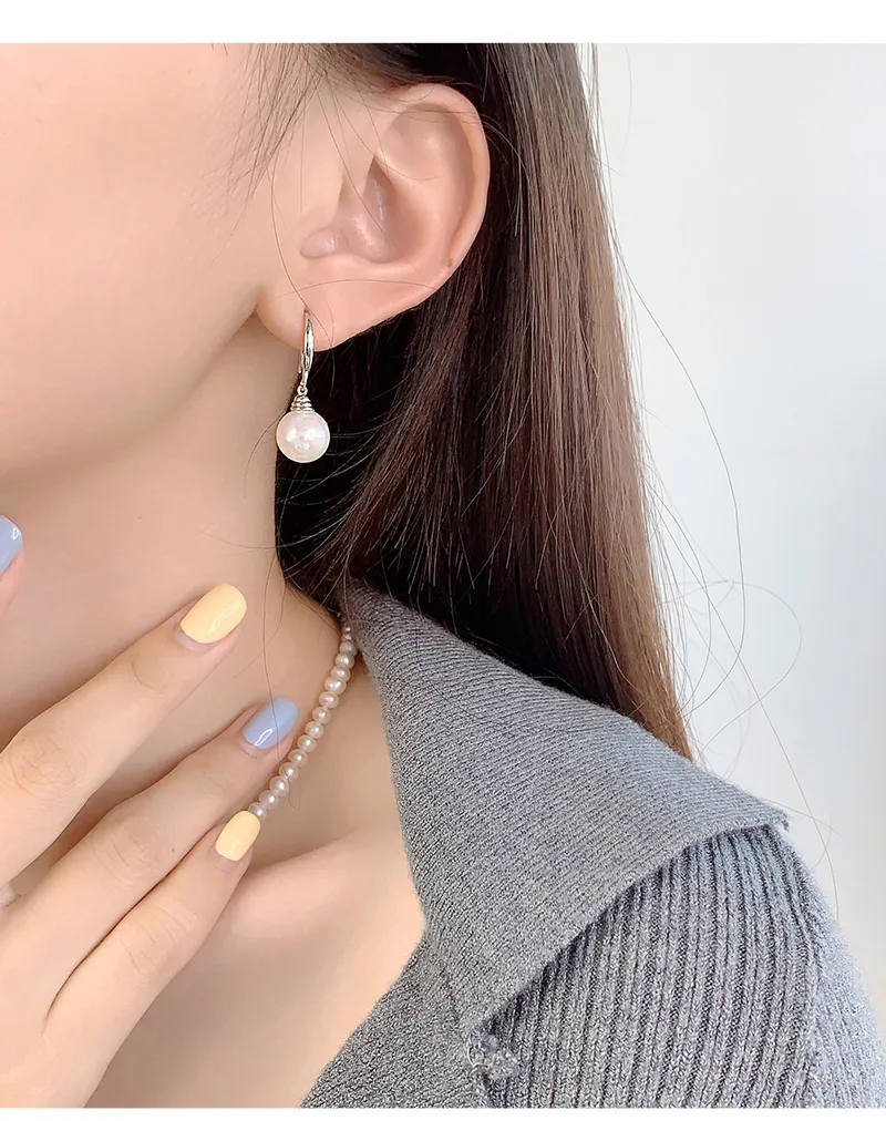 1 Pair White Gold Plated 925 Sterling Silver Pearl Geometric Drop Earrings display picture 1