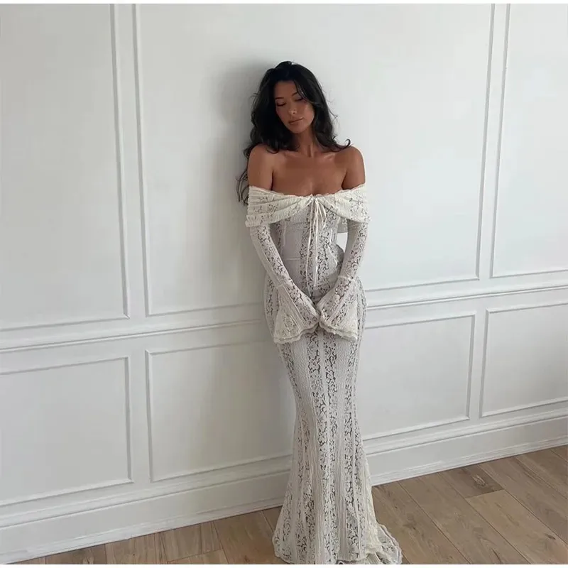Women's Lace Dress Elegant Sexy Off Shoulder Hollow Out Long Sleeve Solid Color Lace Maxi Long Dress Wedding Festival display picture 18