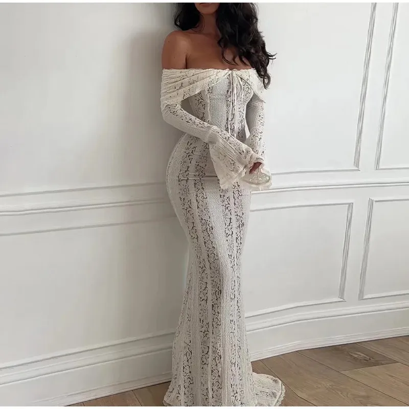 Women's Lace Dress Elegant Sexy Off Shoulder Hollow Out Long Sleeve Solid Color Lace Maxi Long Dress Wedding Festival display picture 6