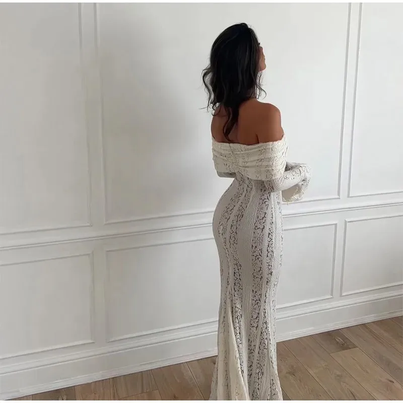 Women's Lace Dress Elegant Sexy Off Shoulder Hollow Out Long Sleeve Solid Color Lace Maxi Long Dress Wedding Festival display picture 7