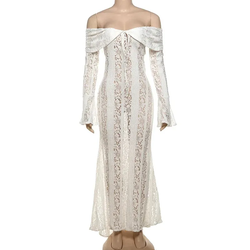 Women's Lace Dress Elegant Sexy Off Shoulder Hollow Out Long Sleeve Solid Color Lace Maxi Long Dress Wedding Festival display picture 8