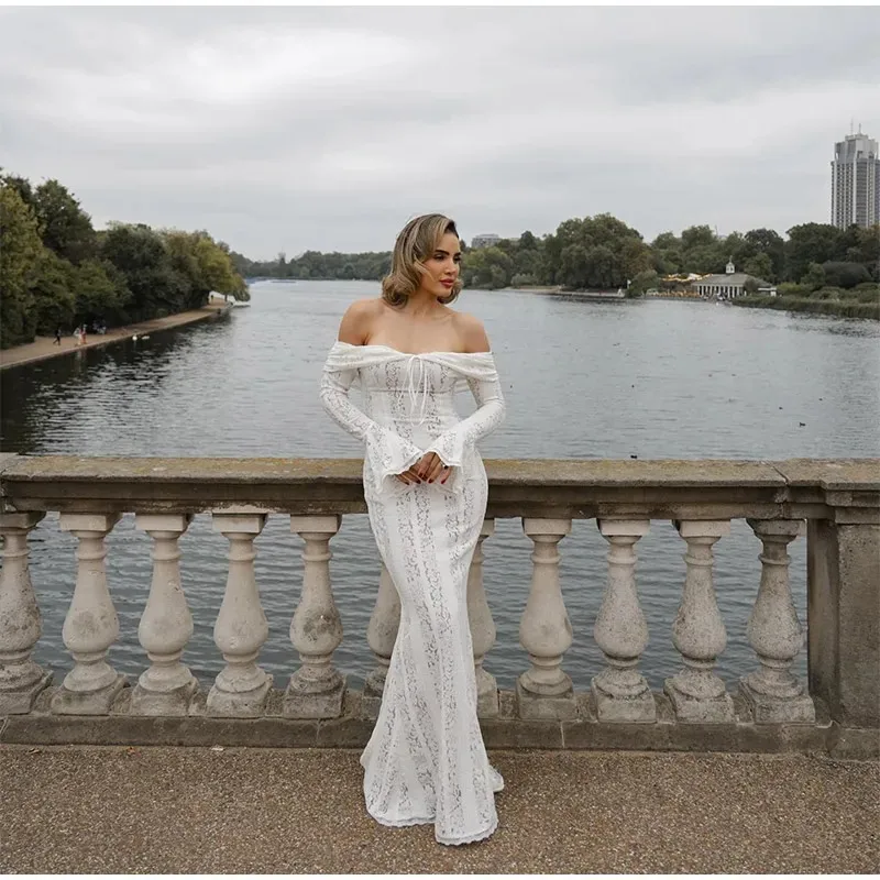 Women's Lace Dress Elegant Sexy Off Shoulder Hollow Out Long Sleeve Solid Color Lace Maxi Long Dress Wedding Festival display picture 9