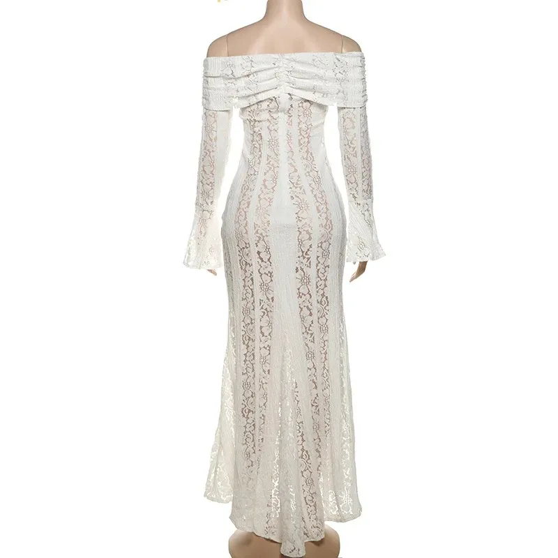 Women's Lace Dress Elegant Sexy Off Shoulder Hollow Out Long Sleeve Solid Color Lace Maxi Long Dress Wedding Festival display picture 10